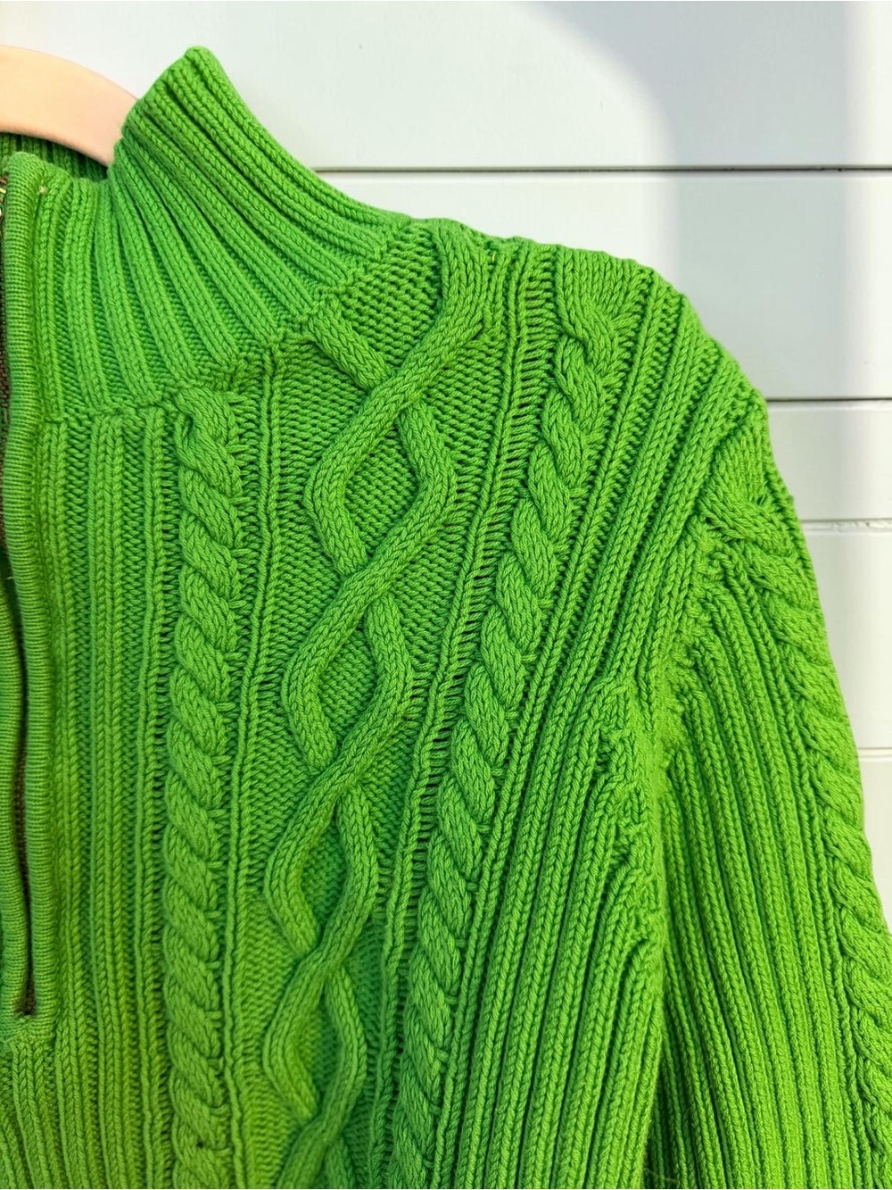 Chaps Bright Green Cable Knit Half-Zip Turtleneck Sweater - Picture 3 of 11